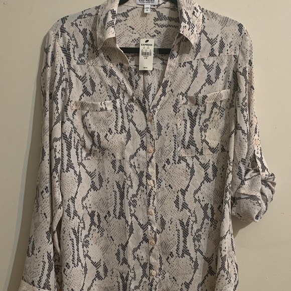 Express Tops - Express Snake Skin Portofino Button Down Shirt - Gray and Blush Pink